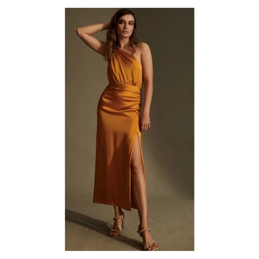 NWT By Anthropologie 100% Silk One Shoulder Slip Midi Dress in Honey